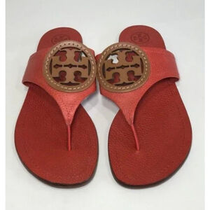 New Tory Burch Red Tan Louisa Leather Thong Sandals Size 8